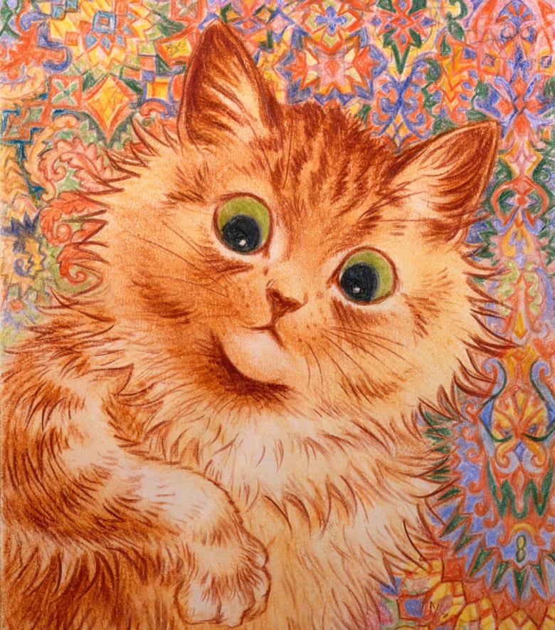 drawing of orange tabby with psychedelic background